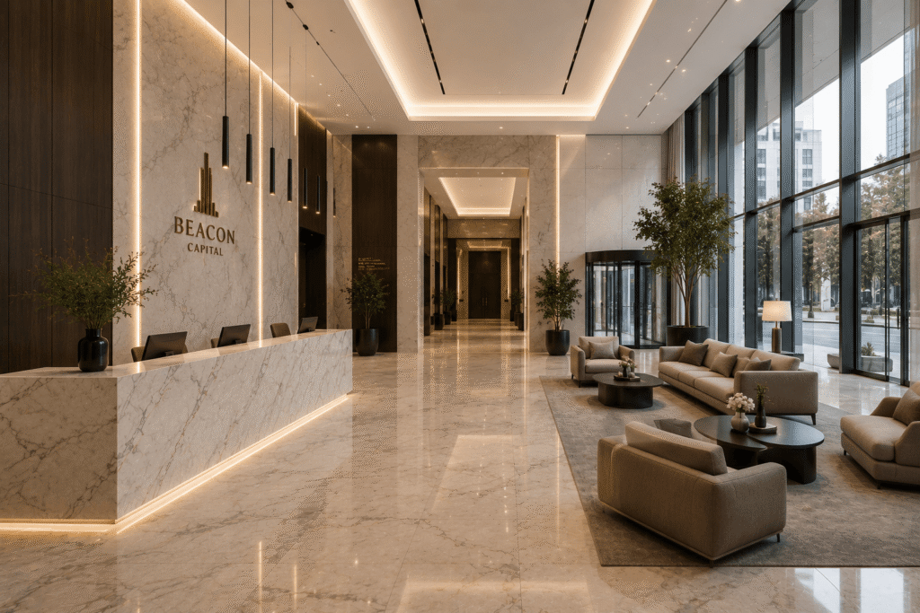 Natural stone flooring in a commercial lobby – Beacon Capital