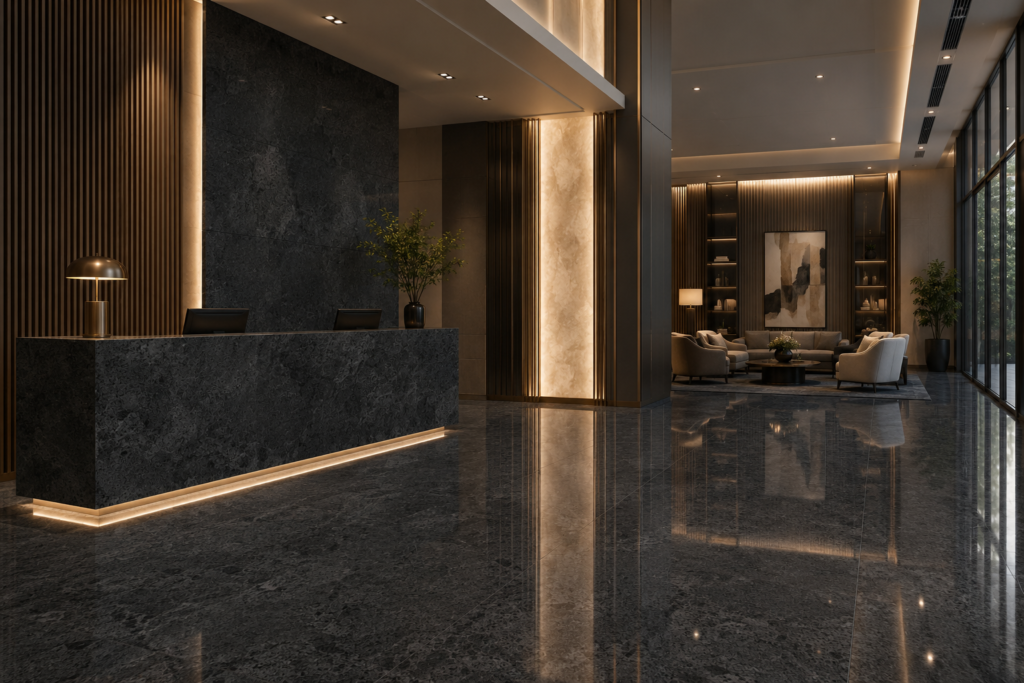 Egy Grey Dark marble wall cladding in a hotel lobby
