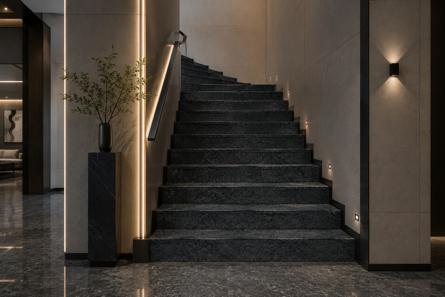 Egy Grey Dark marble staircase with stone treads and risers