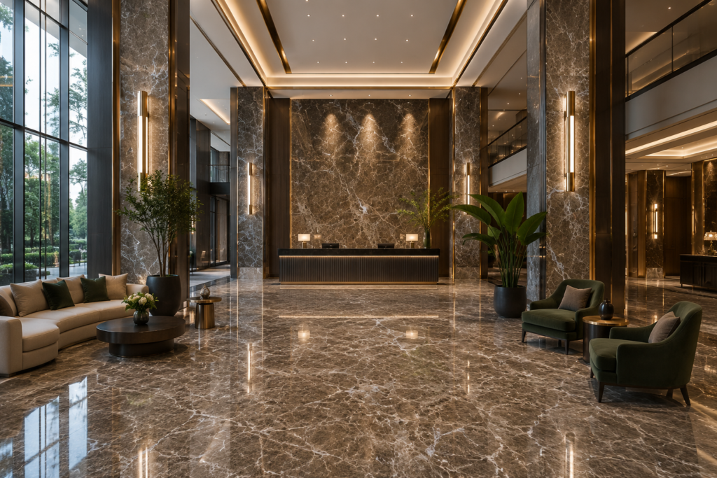 Emperador marble wall cladding in a hotel lobby