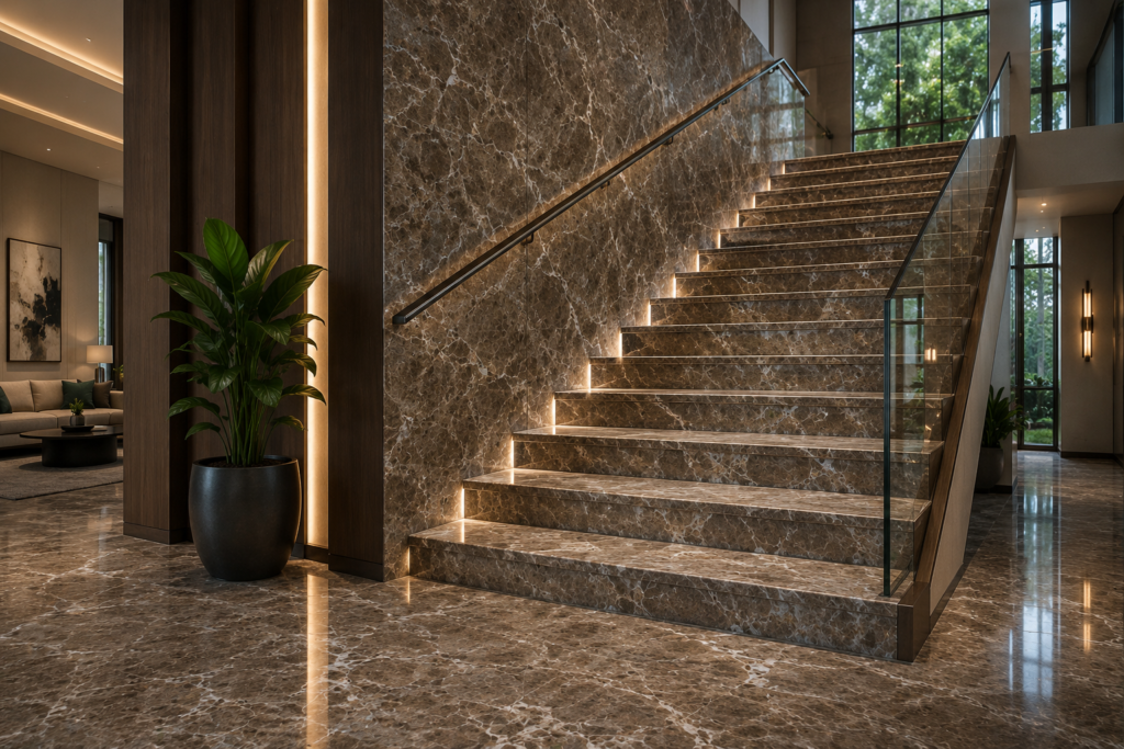 Emperador marble staircase with stone treads and risers