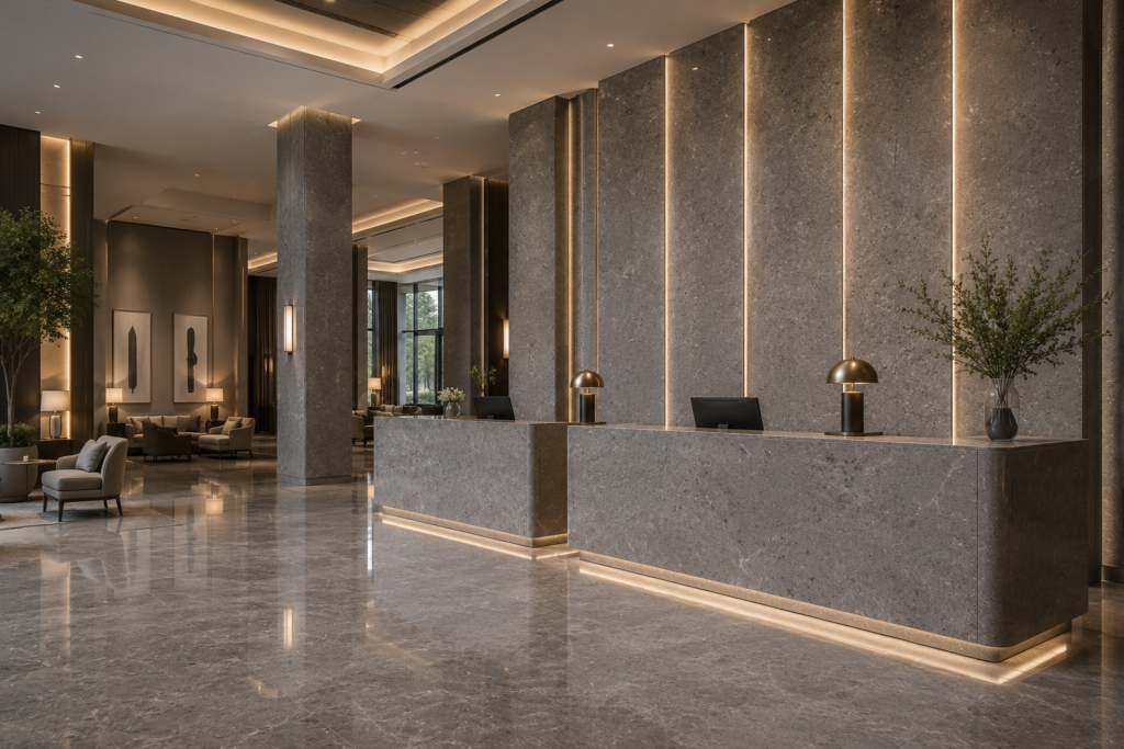 Egy Grey marble flooring in an interior hall – Beacon Capital
