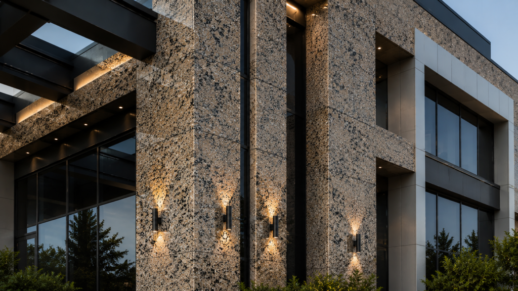 Natural stone cladding on a building exterior facade