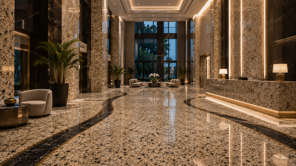 Natural stone wall cladding in a hotel lobby interior