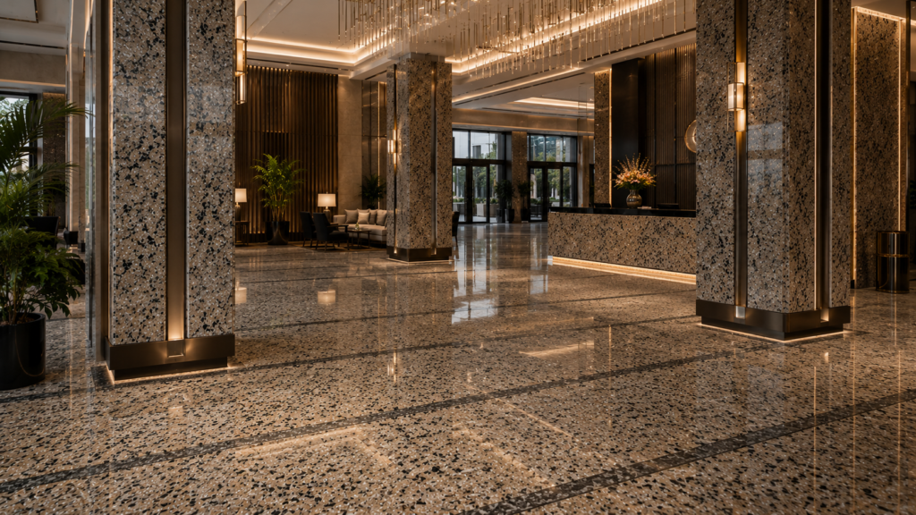 Natural stone wall cladding in a hotel lobby