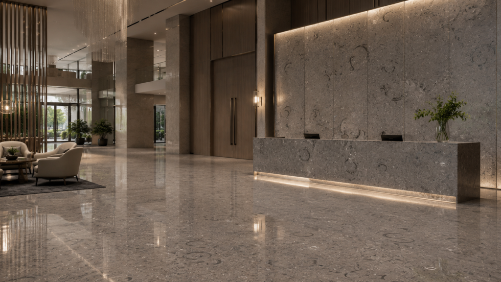 Light Nilo Grey marble wall cladding in a hotel lobby