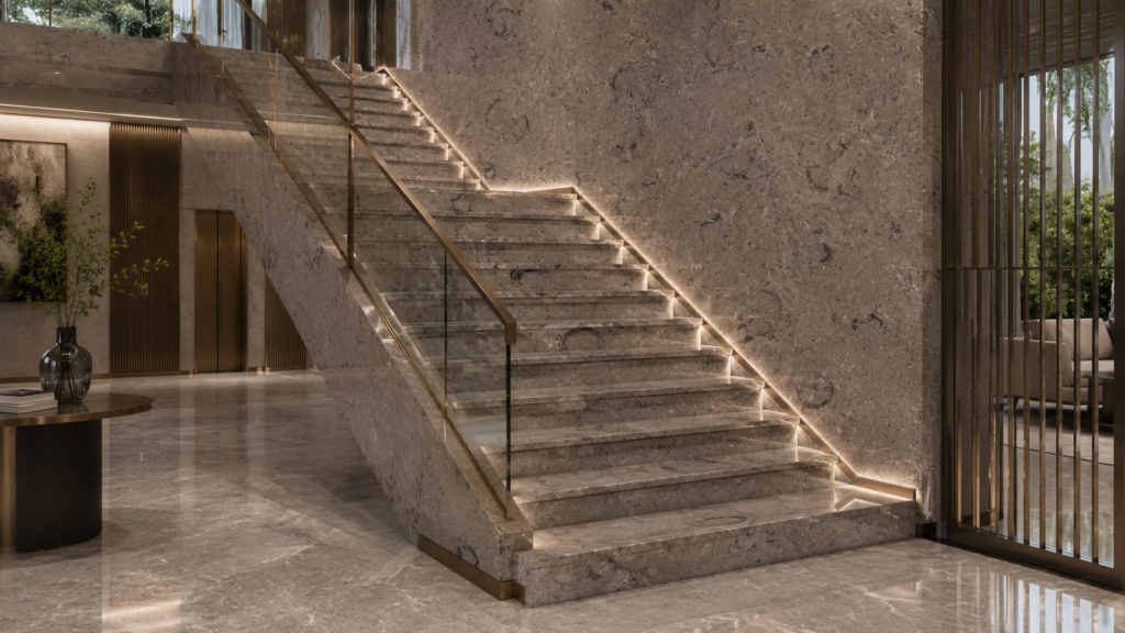 Light Nilo Grey marble staircase with stone treads and risers