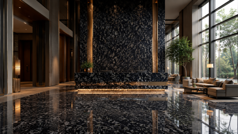 Magic Noir granite flooring in a hospitality interior – Beacon Capital