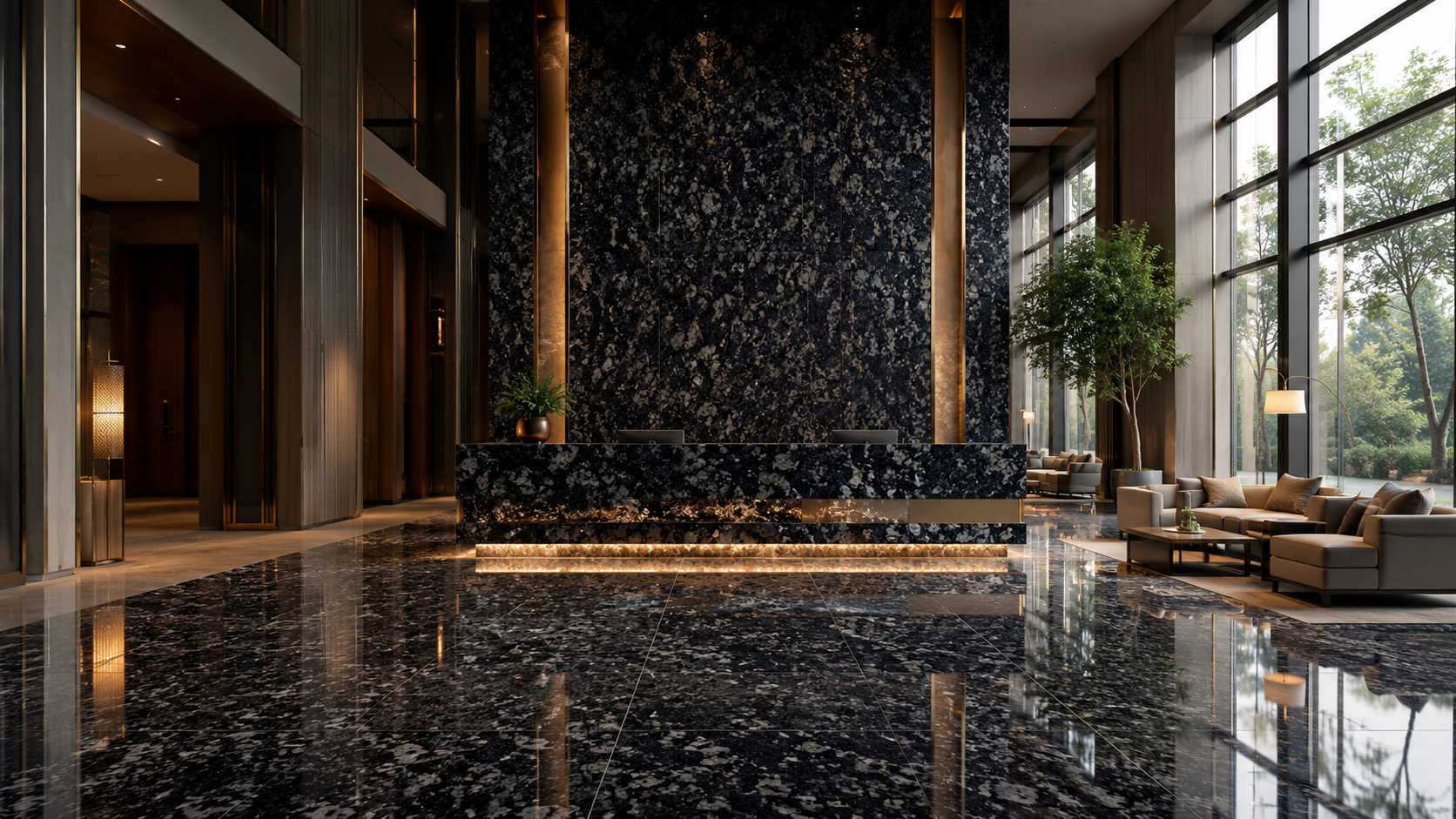 Magic Noir granite flooring in a hospitality interior – Beacon Capital