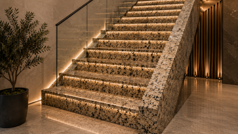 Straight natural stone staircase with marble treads