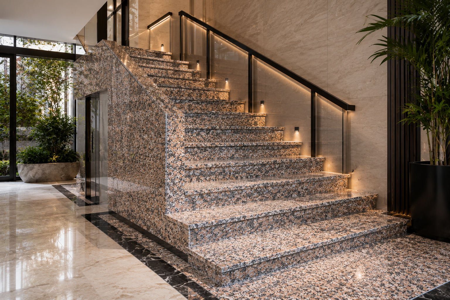 Floating natural stone staircase with marble treads