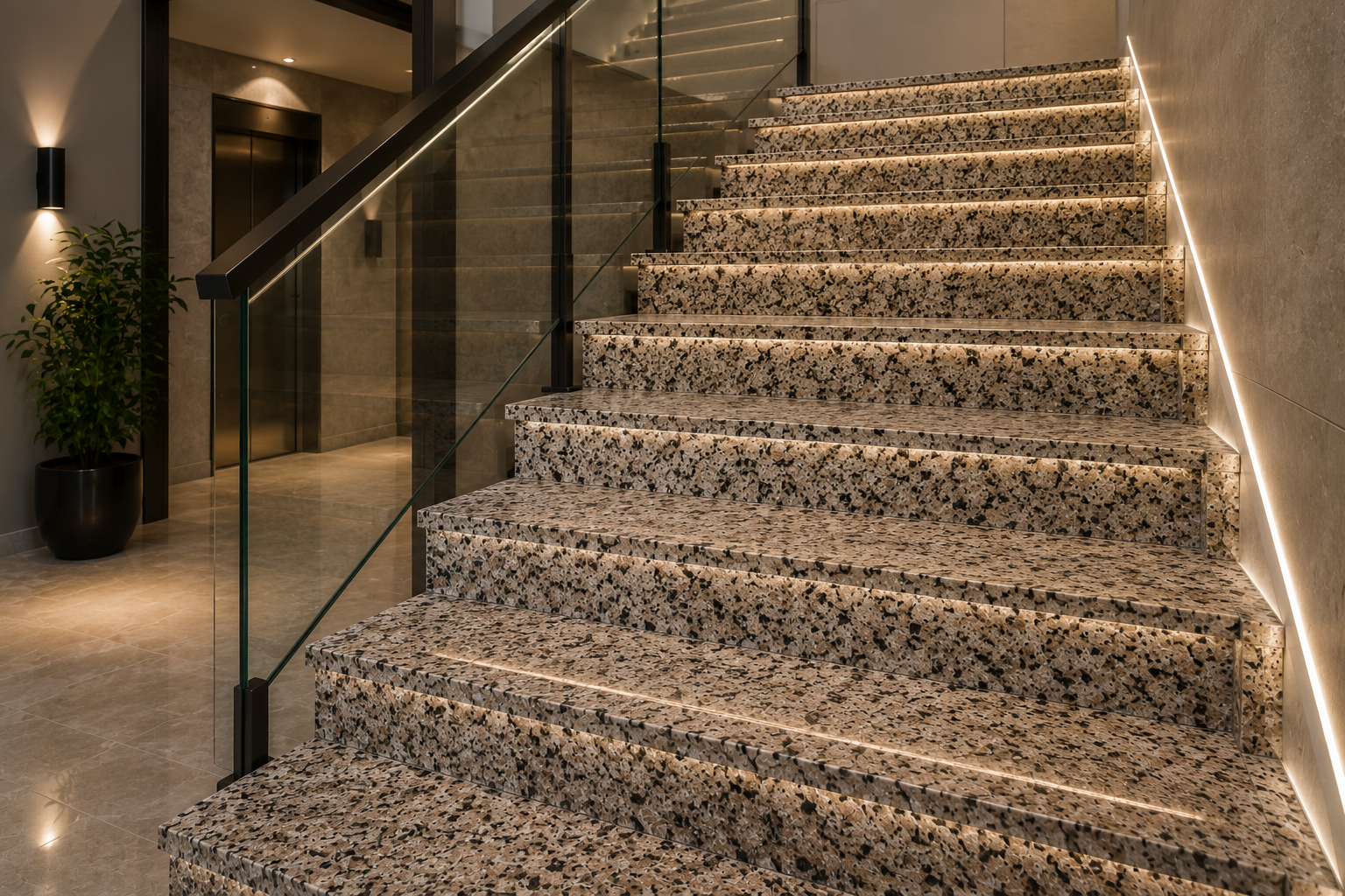 Spiral natural stone staircase with marble treads