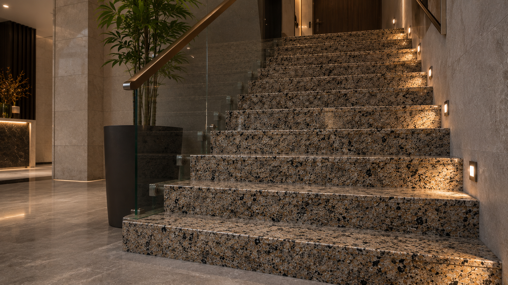 Natural stone staircase with marble treads and risers