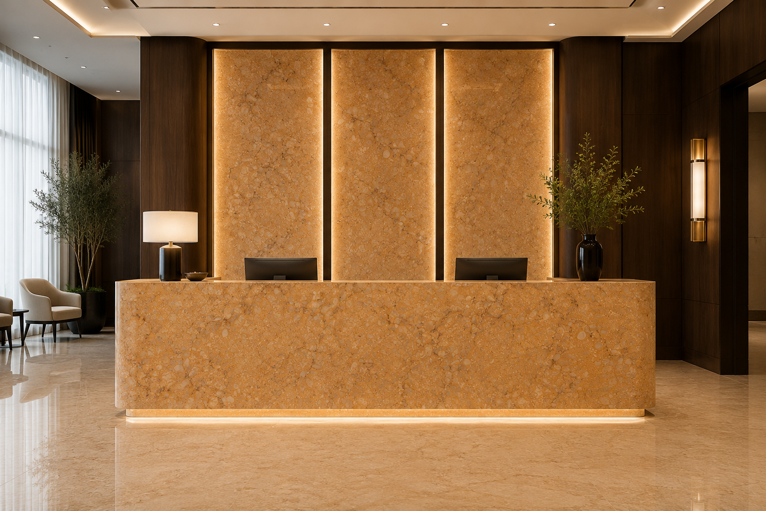 Sunny Dark marble reception counter application reference