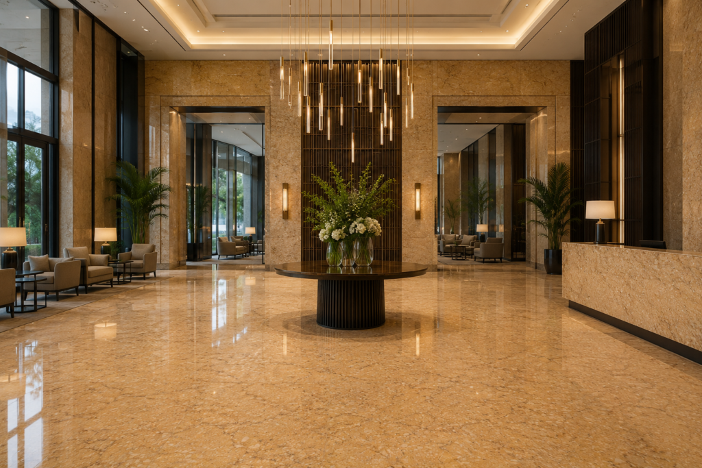Sunny Dark marble hotel lobby application reference