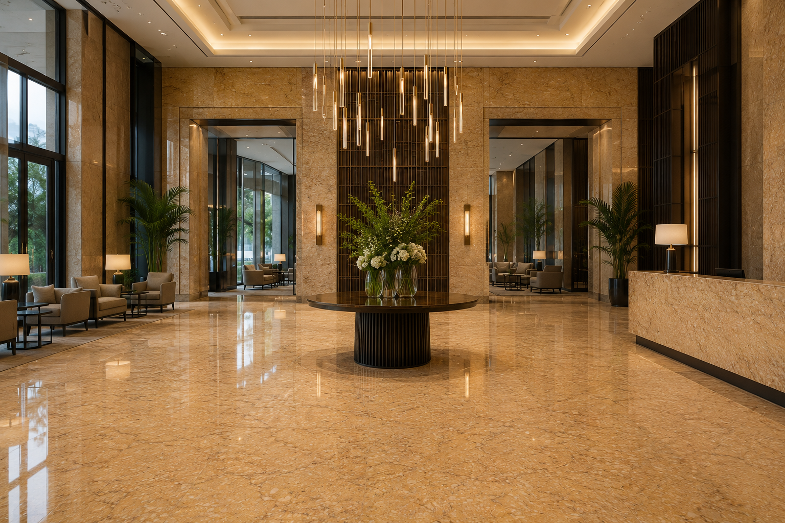 Sunny Dark marble hotel lobby application reference