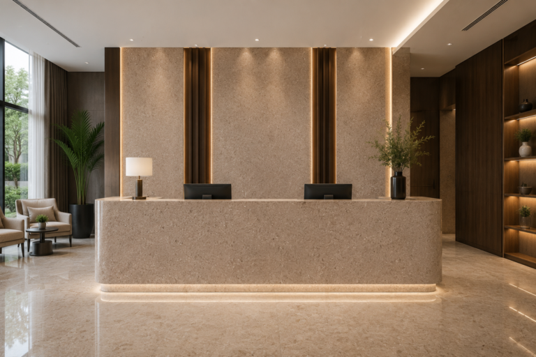Triesta Beige marble reception counter application reference