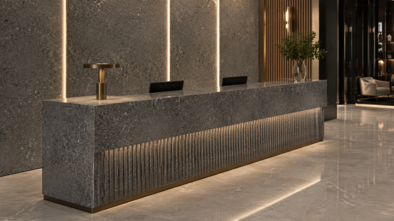 Triesta Grey marble reception counter application reference