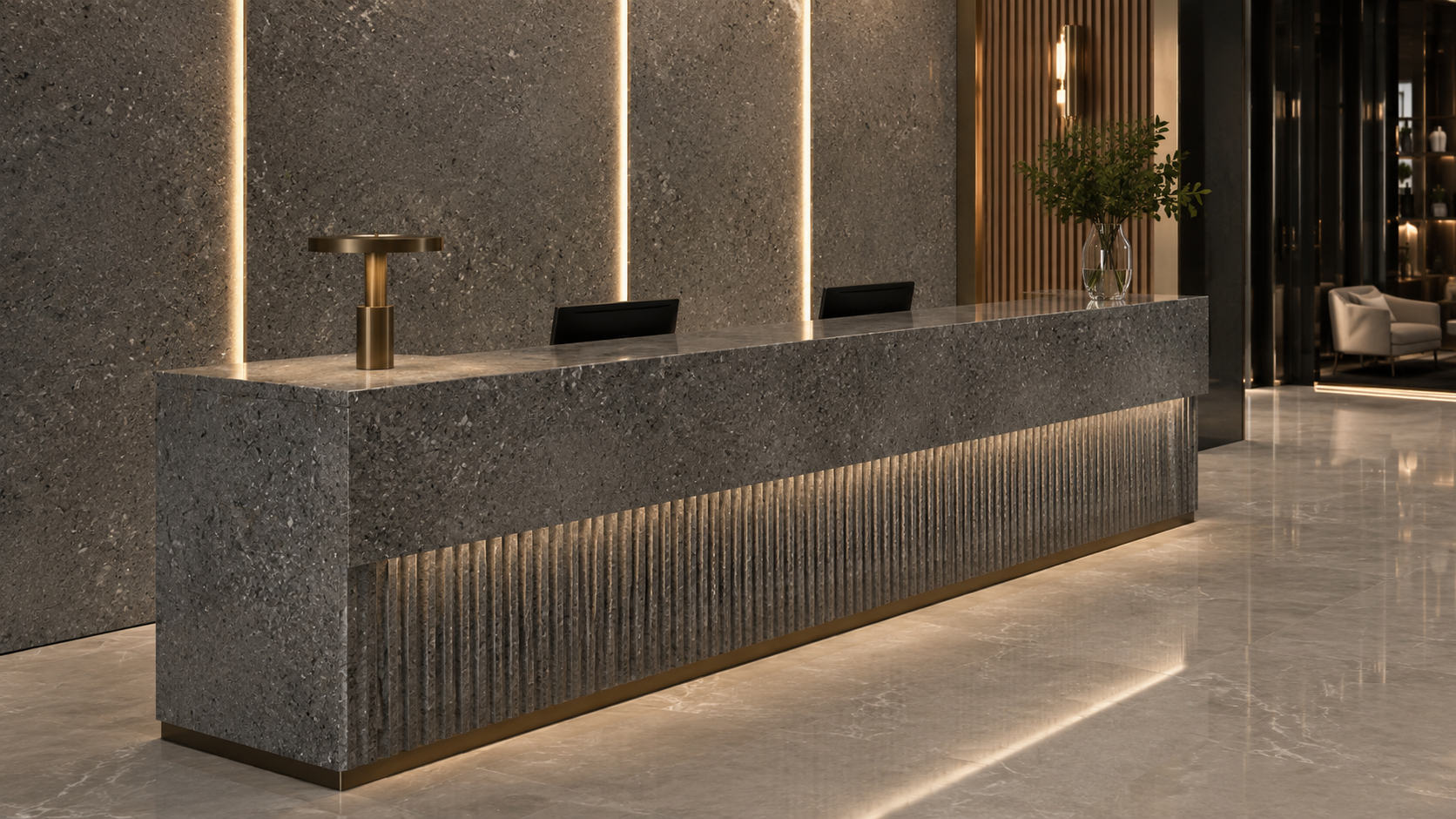Triesta Grey marble reception counter application reference
