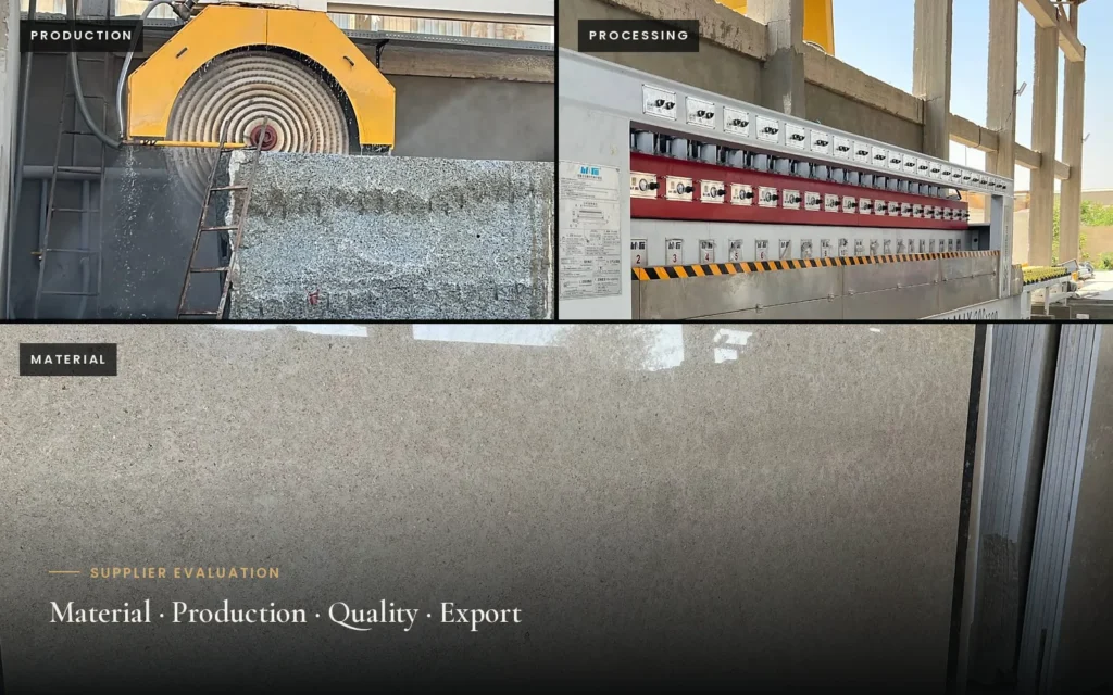 A block saw, a polishing line and a large grey-beige stone slab in three panels.
