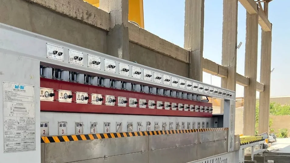 Multi-head polishing line for stone slabs.