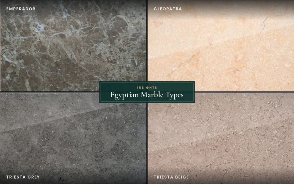 Four separate marble surface photographs: Emperador, Cleopatra, Triesta Grey and Triesta Beige.