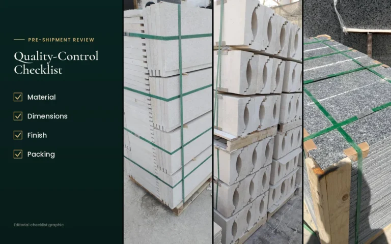 Three photographs of cut pieces, shaped components and packed stone beside a checklist: material, dimensions, finish, packing.
