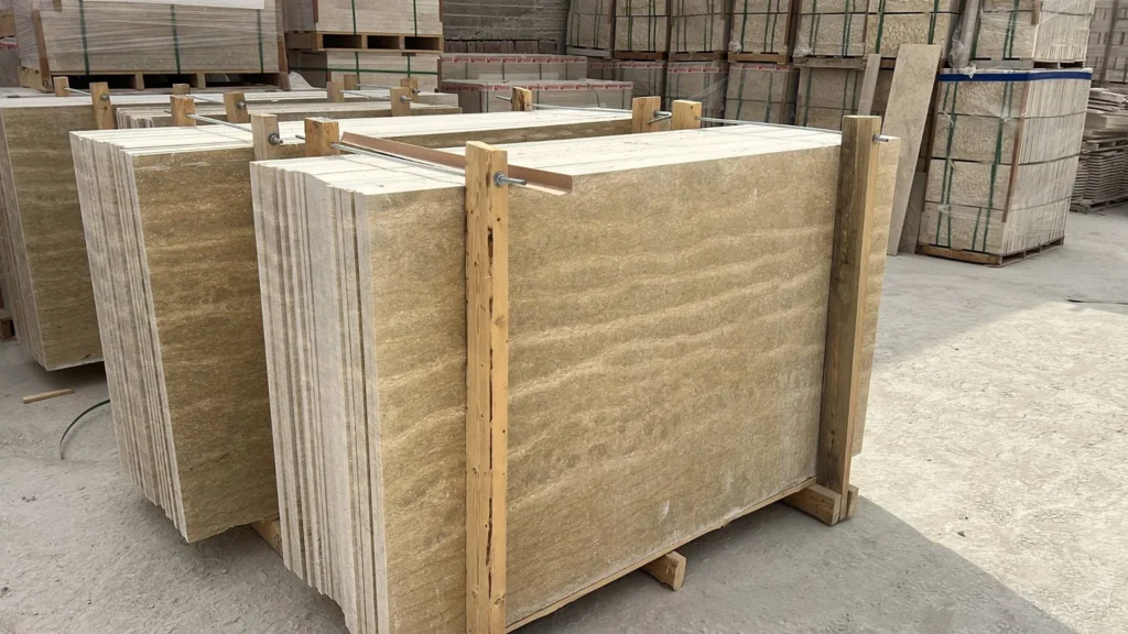 Beige stone slabs held upright between wooden supports in a storage yard.