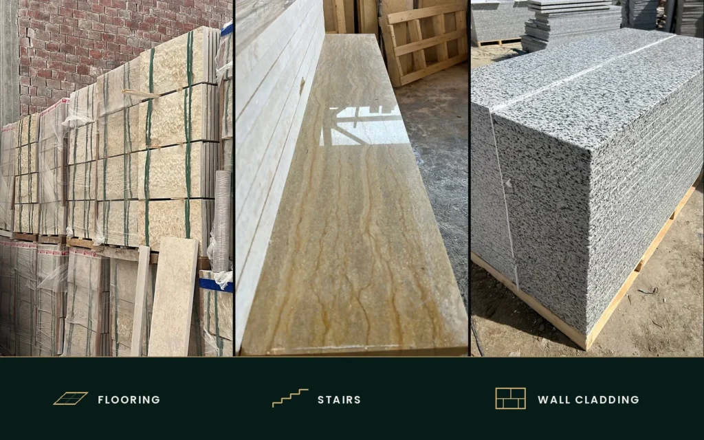 Three photographs of prepared stone, strapped stacks, a long polished piece and stacked speckled tiles, above line icons for flooring, stairs and wall cladding.