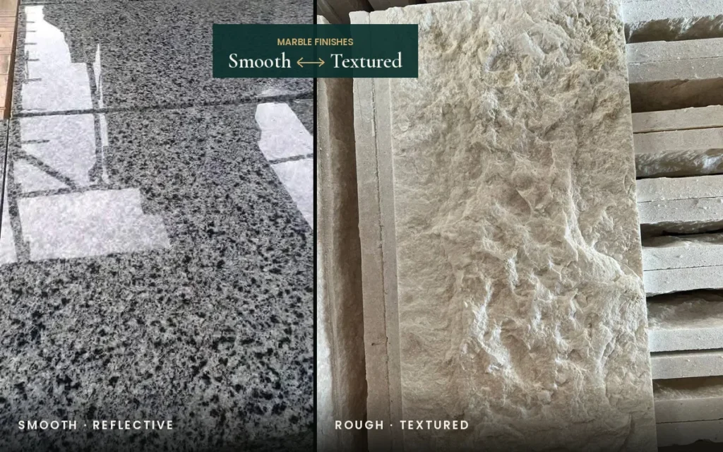 Two stone surfaces side by side: a smooth reflective speckled slab and a deeply rough, textured stone face.