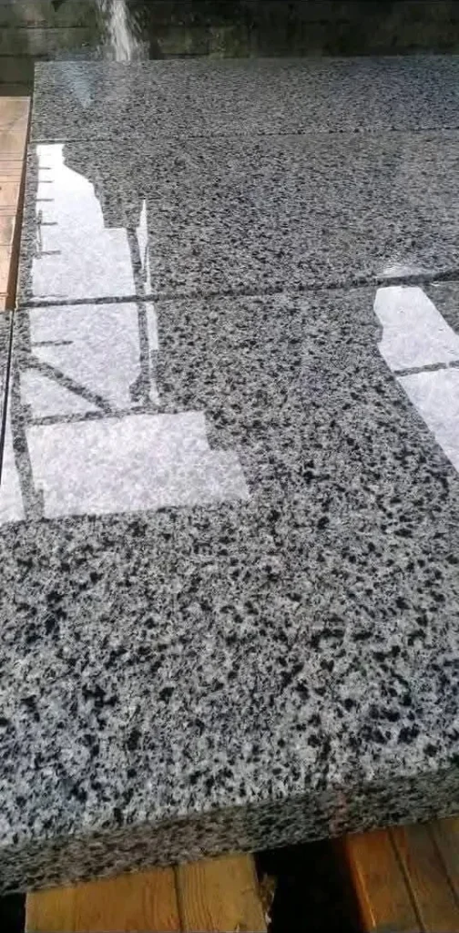 Reflective close view of a grey, black and white speckled stone slab on wooden supports.