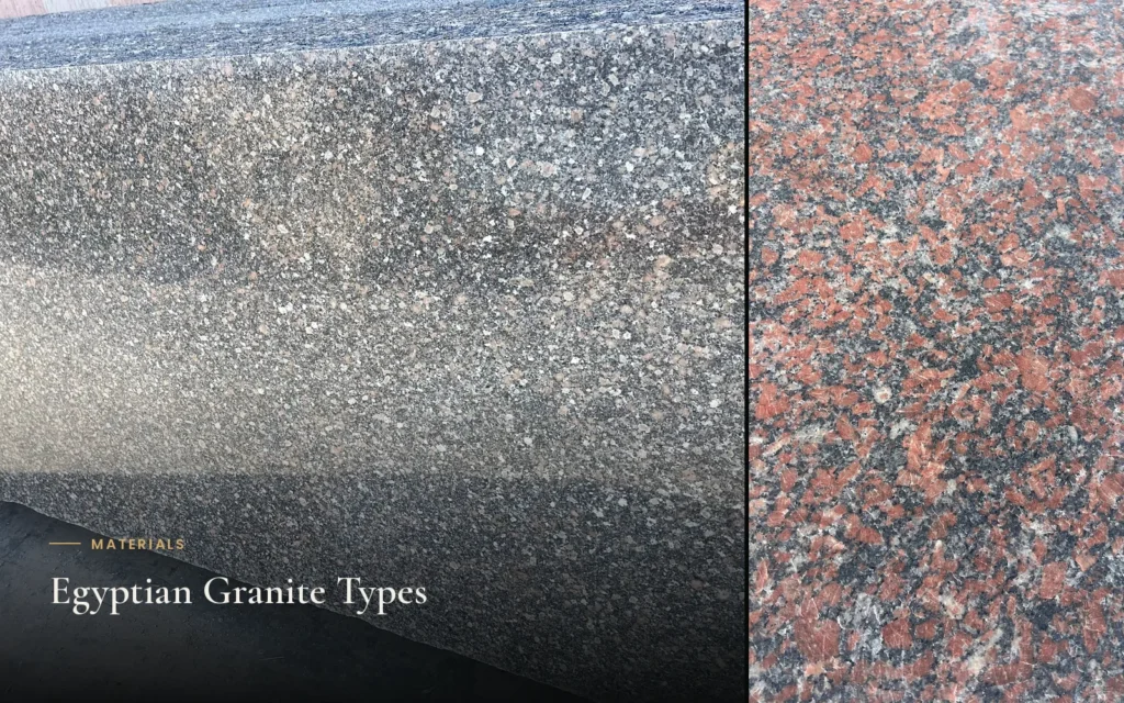 A speckled grey-and-black stone slab beside a close view of a red-pink, black and grey coarse-grained surface.