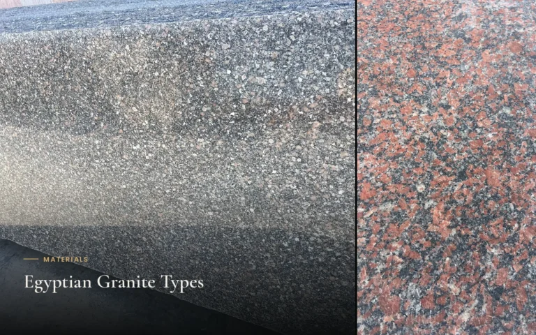 A speckled grey-and-black stone slab beside a close view of a red-pink, black and grey coarse-grained surface.