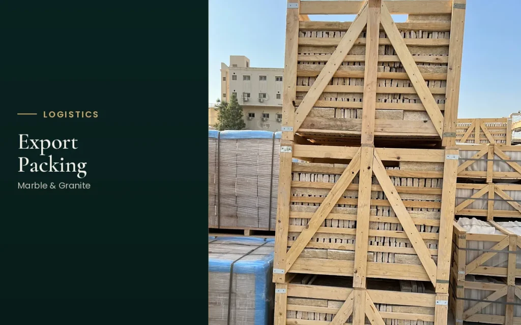 Stacked timber crates holding pale stone pieces in an outdoor yard, beside the title Export Packing.