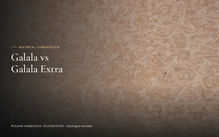 Galala Extra marble brushed-finish catalogue sample with the title Galala vs Galala Extra